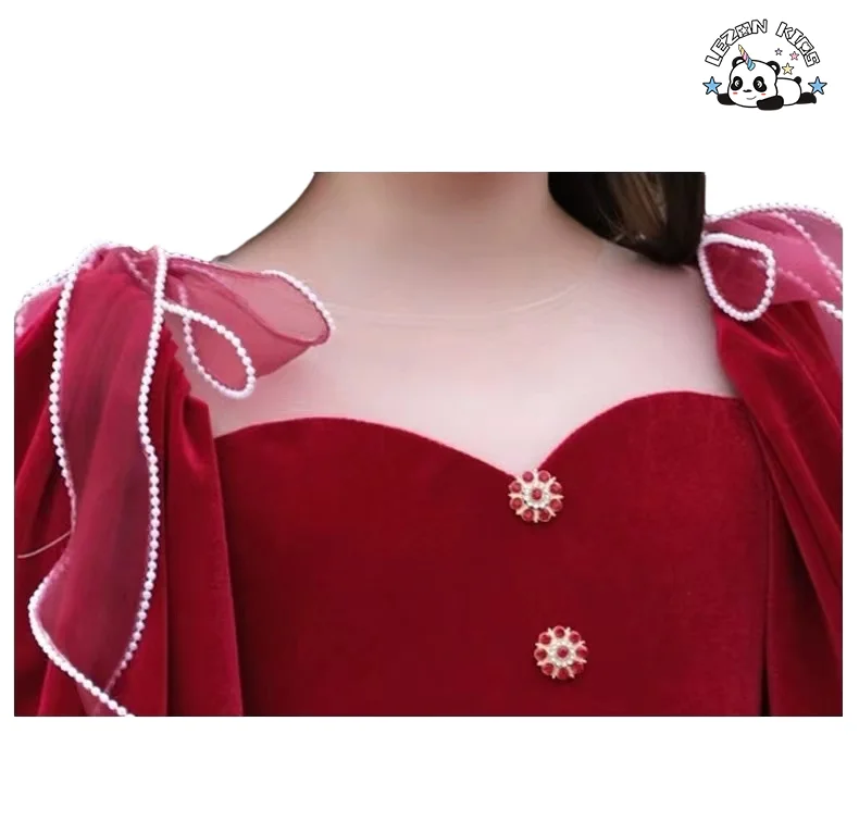 LEZONKIDS - High Quality  Children Performance Clothing Gold Velvet Short Sleeve Party Girls Dress for Kids